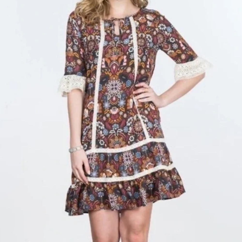 Matilda Jane Brown and Cream Floral Mini Dress Size Medium